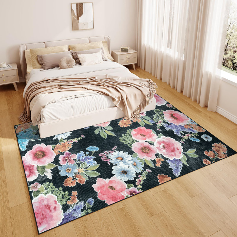 Large Flower Living Room Rug Washable Bedroom Rug Non-Slip Colorful Vintage Accent Floor Carpet For Home Decor