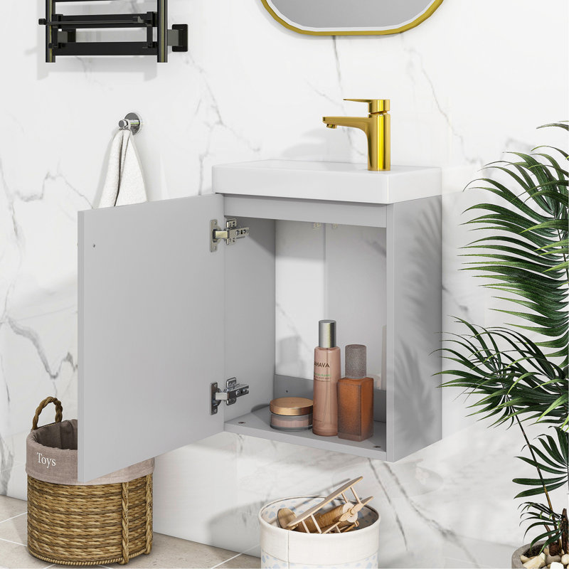 Meuble-lavabo mural avec lavabo en céramique et porte à fermeture en douceur, Gris