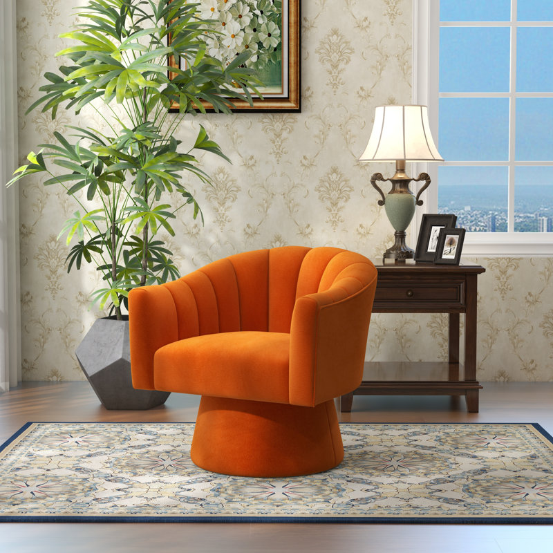 Fauteuil demi-tonneau pivotant de 25,2 po Iryanna, Velours orange, 1