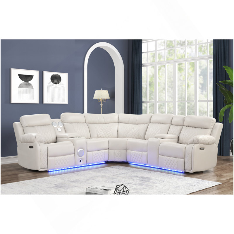 Canapé modulaire inclinable électrique Lacrosse avec haut-parleur Bluetooth et DEL en bois et métal beige, Beige