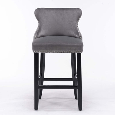 Contemporary Velvet Upholstered Wing-Back Barstools with Button Tufted Decoration and Wooden Legs, and Chrome Nailhead Trim, Leisure Style Bar Chairs,Bar stools, Set of ()