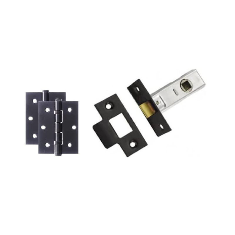  1 Set Astrid Style Modern Door Handles on Round Rose in Metallic Black Finish with 1 Pair of Ball Bearing Hinges & 64mm Tubular Latch