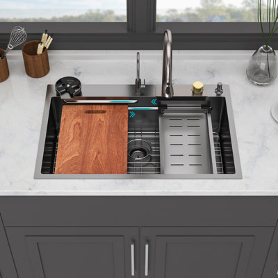 Gunmetal Black Drop In Waterfall Kitchen Sink - Single Bowl 16 Gauge Stainless Steel Ledge Workstation Kitchen Sinks With Pull-Out Faucet & Cup Washer
