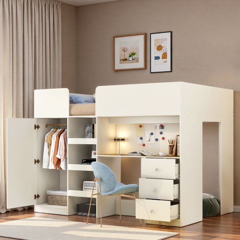 Lit mezzanine avec garde-robe intégré, bureau, tablettes de rangement et tiroirs, Beige