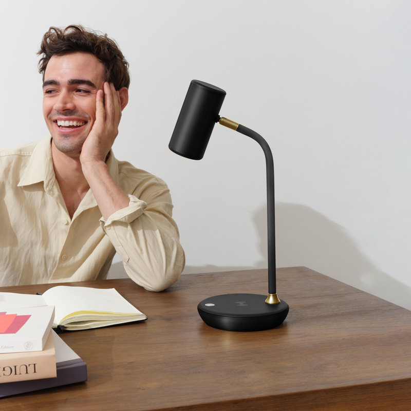 Ezra 16.5" Modern LED Desk Lamp with Black Finish, Wireless Charging Pad, Adjustable Head, and 3-Way Dimming, Black