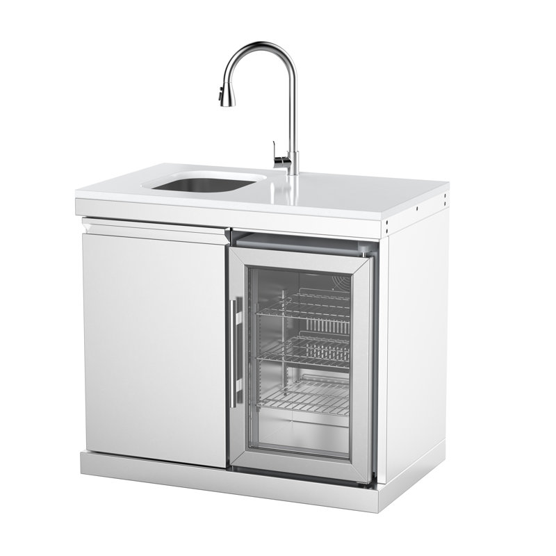 SERA Stainless Steel Outdoor Refrigerator Combination Cabinet with White Quartz Countertop, Sink, Wheels, 2.4 Cu. Ft. Capacity