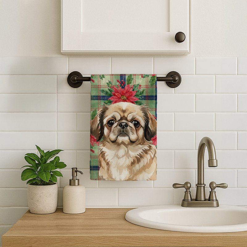 Sable Pekingese Christmas PoinsettIas Kitchen Towel, Sable Pekingese
