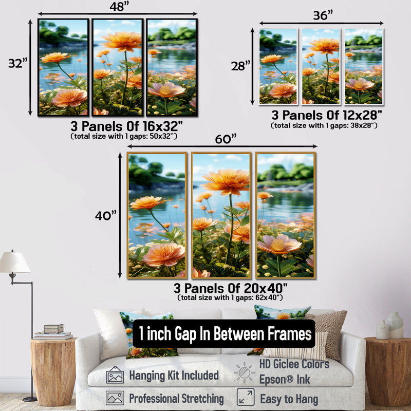 «Vibrant Orange Flower By Summer River», ensemble de reproductions d'art mural, Encadrement argenté