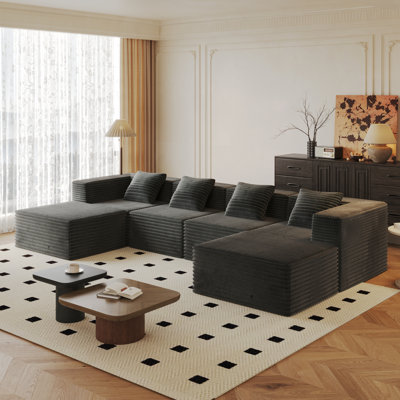 High Density Sponge Boneless Couch, Grey Modular Sectional With 4 Seats And 2 Ottomans For Living Room, No Assembly Required, Corduroy Material, Comfortable Back Pillows, U-shaped Sectional, Square