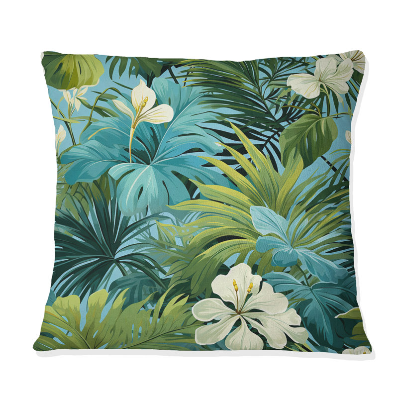 Coussin décoratif azur et vert à motif tropical en polyester à motif tropical III, H 18 po x l 18 po