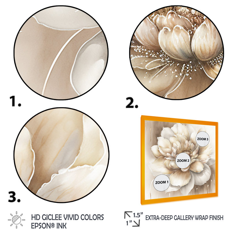 Simple fleur beige II - impression murale sur toile à motif floral, H 24 po x l 24 po x P 1 po, Cadre doré