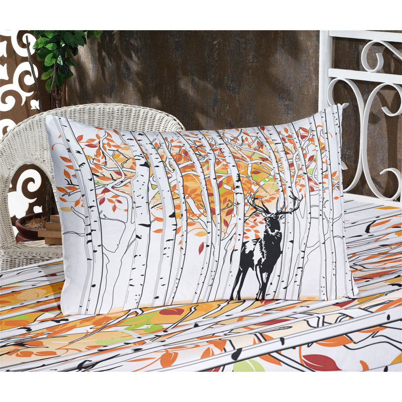 Drap-housse et coussin décoratif Ambesonne Deer, orange, vert et blanc, Ensemble de draps pour lit simple + deux taies d'o