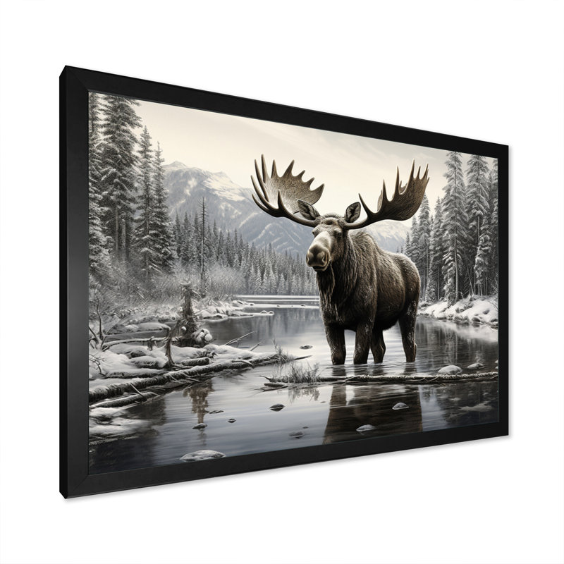 Orignal brun et blanc Winter Majesty - art mural orignal pour le salon, H 30 po x l 40 po, Cadre photo unique, Noir
