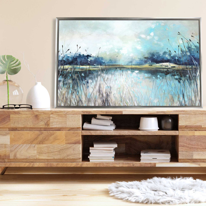 Vue sur le lac - Peinture, L 33,5 po x H 21,5 po, Encadrement argenté