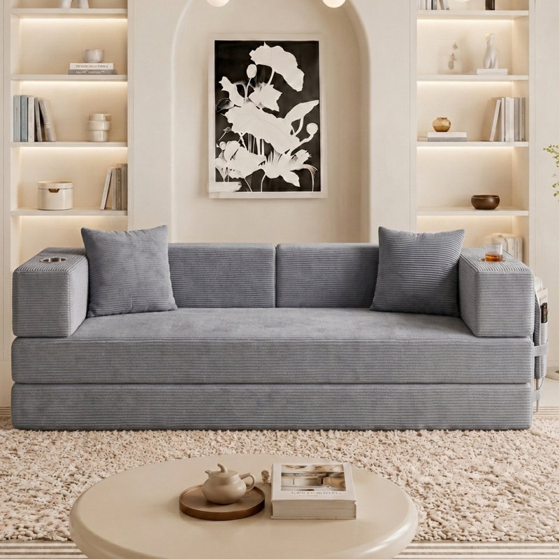 Canapé-lit futon convertible de 200 cm avec poche de rangement et porte-gobelets, canapé-lit modulable en velours côtelé, canapé-lit gigogne pour salon, aucun assemblage requis