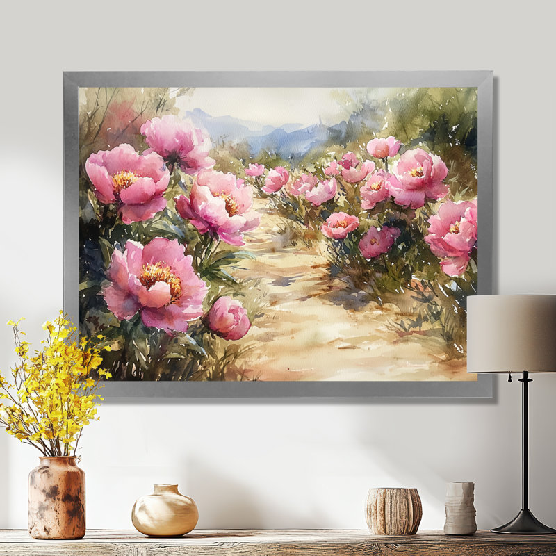 Pivoines le long du chemin de terre - Art mural pivoines, Reproduction encadrée d'une seule photo, Argent argent