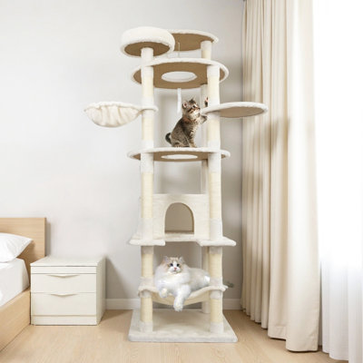 Arbre à chat autoportant de 78 pouces de couleur beige, équipé de cordes, de condos et de boules de jingles - convient pour 3 poteaux à griffer avec 4 cordes, structure stable et confortable