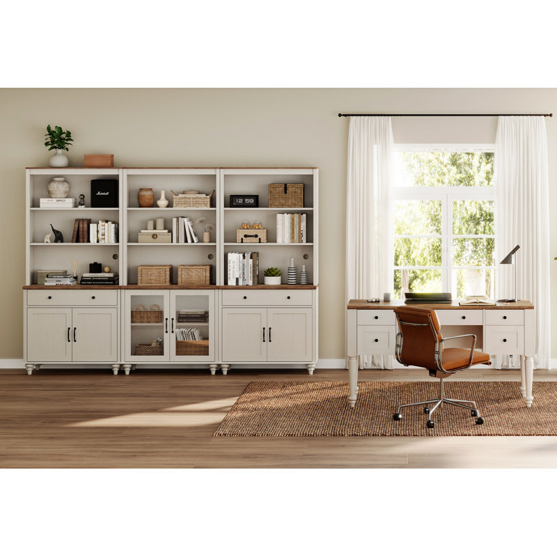 2 - Piece Office Set, 56" Executive Desk, Bookcases With 6 Drawers And 2 Glass Doors, White/Brown