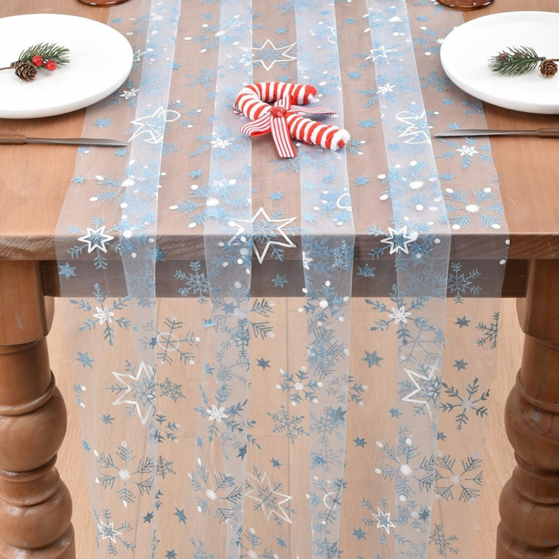 Chemin de table bleu de Noël flocon de neige en gaze métallique glitter 10pi