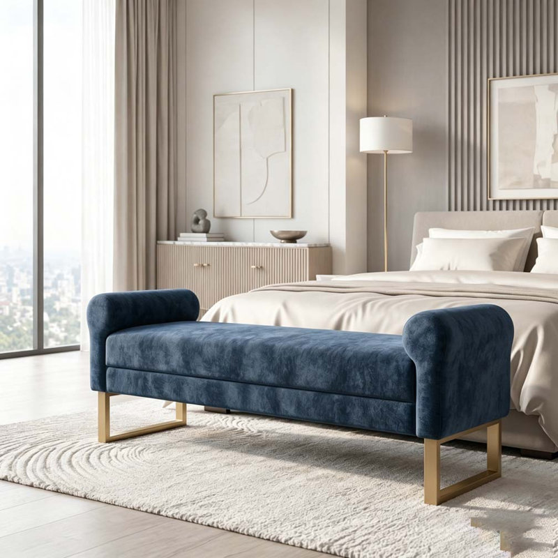 Banc de bout moderne de 55 po de large avec revêtement en similicuir et table d'appoint, Bleu