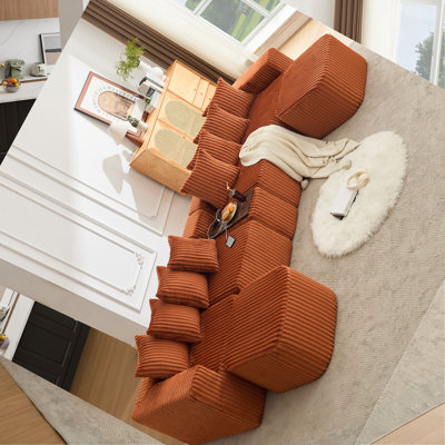Canapé en U de 137,5 po, charge USB et sans fil, table basse avec porte-gobelet, canapé modulaire surdimensionné et mobile, repose-pieds mobile, sans assemblage, 6 sièges, velours côtelé