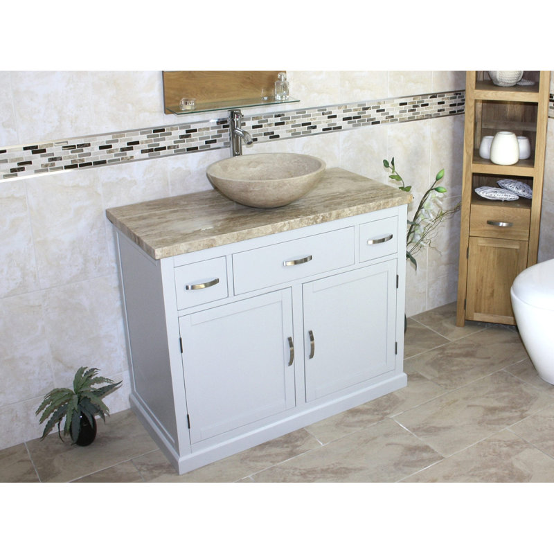 Rodger 1000mm Single Bathroom Vanity with Vessel Stone Basin, Travertine, Travertine, White