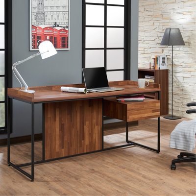 Bureau rectangulaire avec finition noyer et noir sable - 1 tiroir de rangement, piètement traîneau en métal, matériau plomb, charge maximale de 32 kg, tiroir de 157 x 61 x 79 cm, roulements à billes, dimensions : 157 x 79 x 61 cm