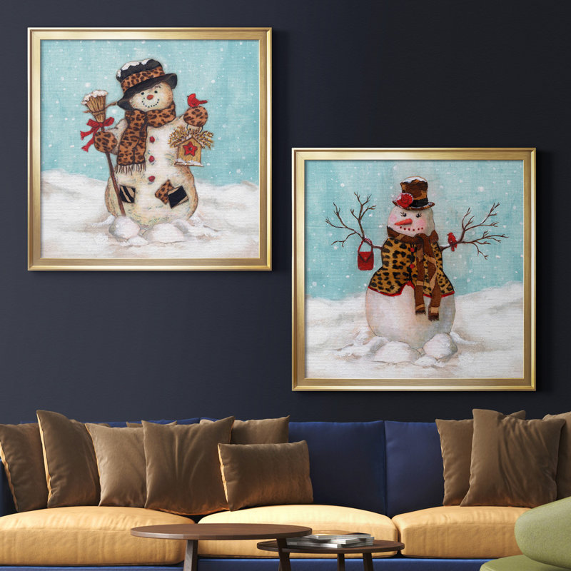 Bonhomme de neige - ensemble de 2 impressions, H 30,5 po x l 61 po x P 1,5 po, Toile encadrée dorée, Pas de tapis