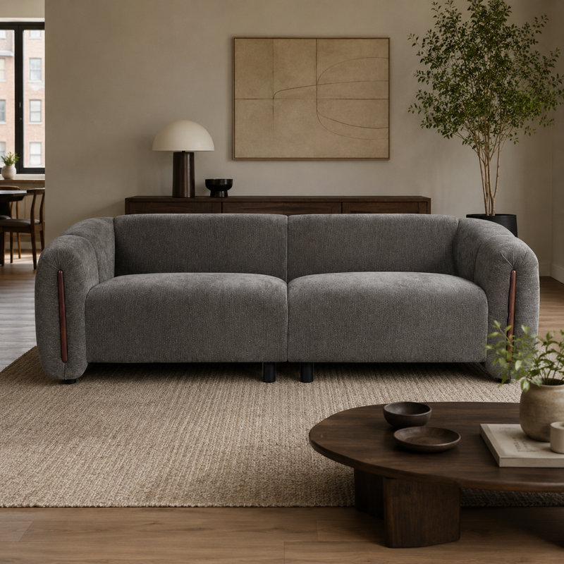 Canapé 3 places moderne incurvé de 222 cm de large, canapé profond rembourré avec larges accoudoirs et finitions en bois, canapé bas pour salon, gris