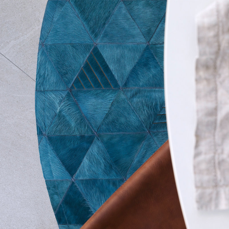 Cowhide Geometric Area Rug in Dark Jade, Round 6'6"