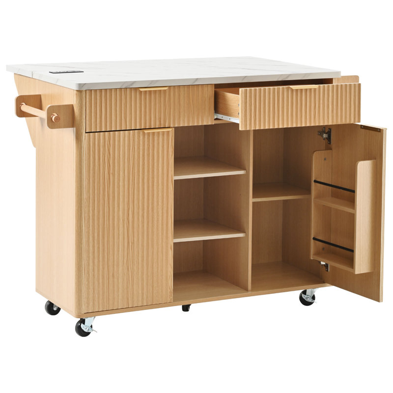 52" Fluted Kitchen Island With Drop Leaf, Natural