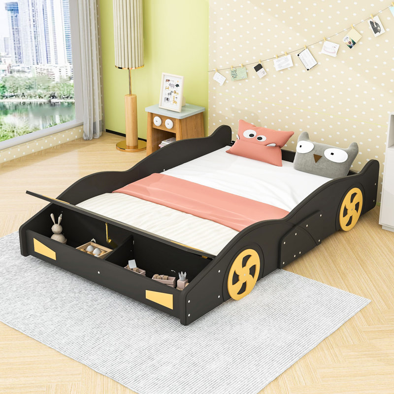 Full Size Race Car Platform Bed With Built-In Storage Space And Side Rails, Black Yellow