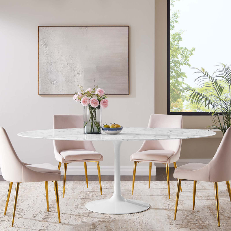 Mid-Century Modern 78" Oval Marble-Top Dining Table with White Base
