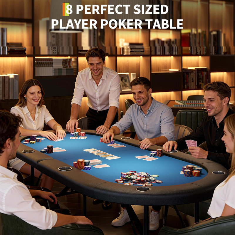 Table de poker pliable 8 joueurs, table de jeu 72 po avec rails rembourrés, porte-gobelets et sac de rangement, Bleu / Noir