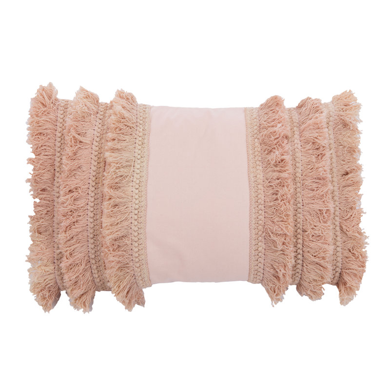 Fringed Cotton Throw Pillow, Pink, 12" x 20", Rectangular