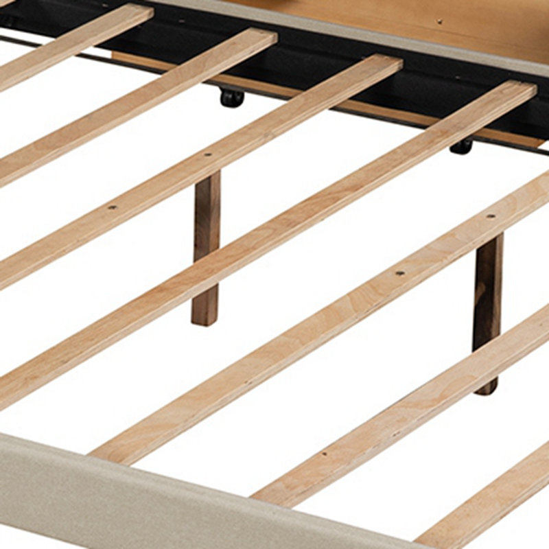 Grand lit plateforme capitonné avec tiroirs et lit gigogne, Beige foncé
