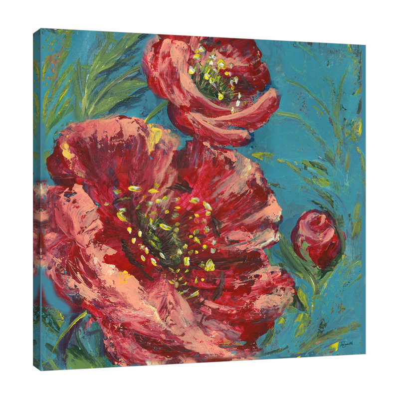 «Red Poppy On Teal» par Tre Sorelle Studios - impression sur toile tendue, H 36 po x l 36 po x P 1,5 po