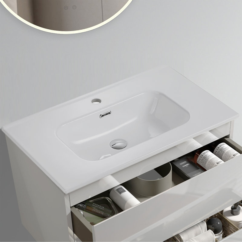 Lavabo intégré en céramique blanc brillant, facile à nettoyer et à entretenir
