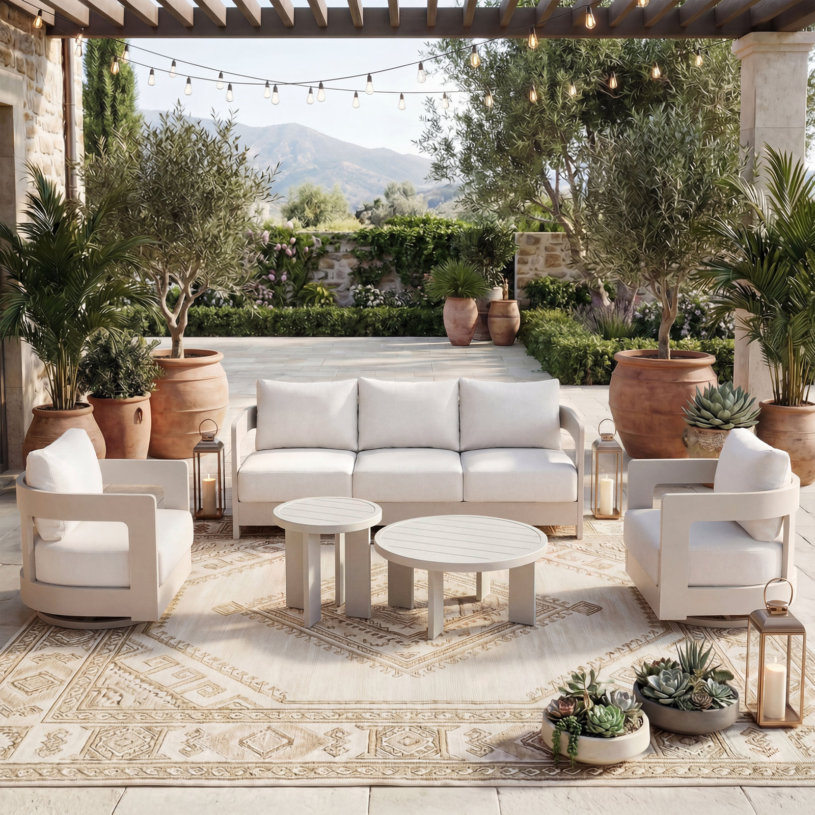 Frances 5-Person Sunbrella® Patio Seating Group, White Cushion/Champagne Frame