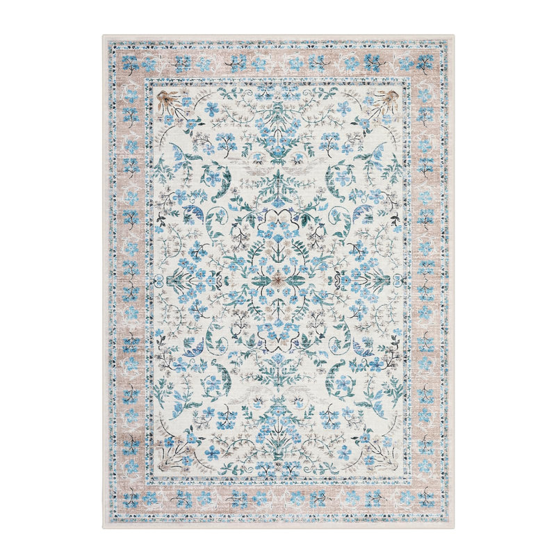 Area Rug 8x10 for Living Room, Washable Non Slip Low Pile Rugs, Floral Soft Carpet for Living Room, Bedroom, Dining Room, Blue
