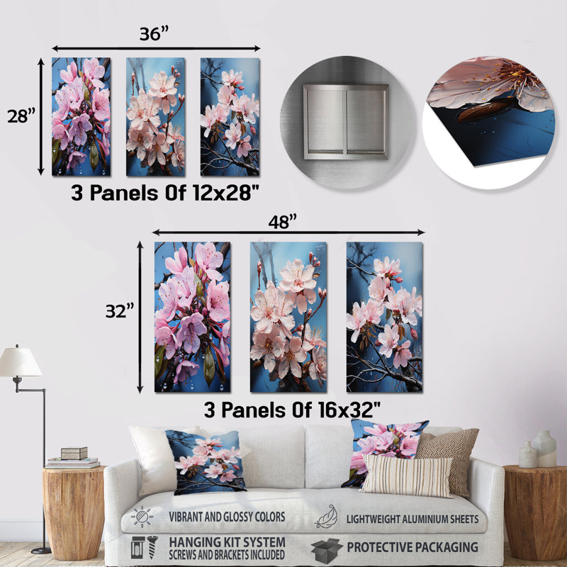 «Pink Celestial Blooms Radiance» - ensemble de 3 reproductions d'art en métal rhododendron, H 28 po x l 36 po