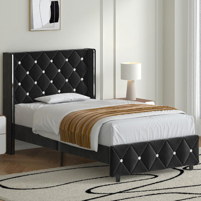 Alber Upholstered Bed Frame With Diamond Tufted Headboard, Modern Wingback, No Box Spring Needed