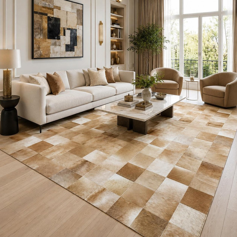 Tapis en cuir de vache patchwork fait à la main, tapis en cuir véritable, tapis aux tons neutres, 3 x 5 pi