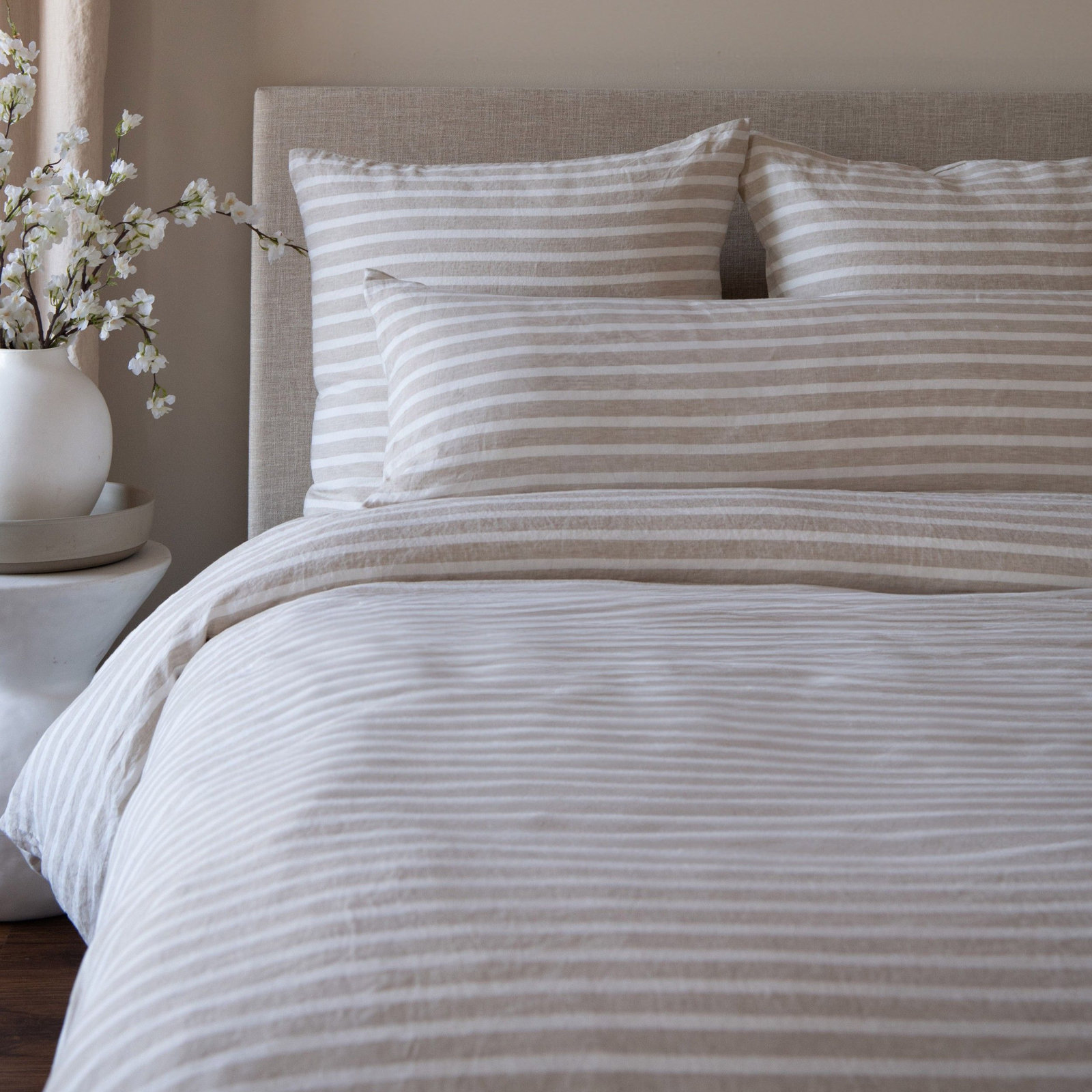 100% French Linen Pillow Sham, Rectangle 16"H x 44"W, Putty & Cream Stripe, Pillow Cover Only - No Insert