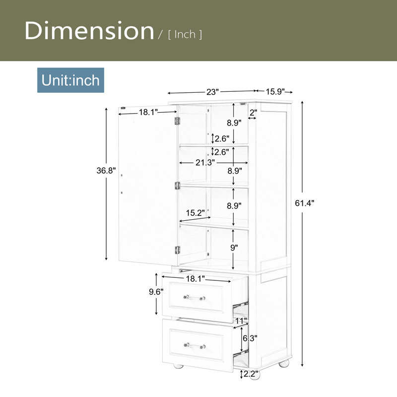 Grande armoire de rangement pour salle de bain, armoire de rangement autoportante avec deux tiroirs et tablette réglable