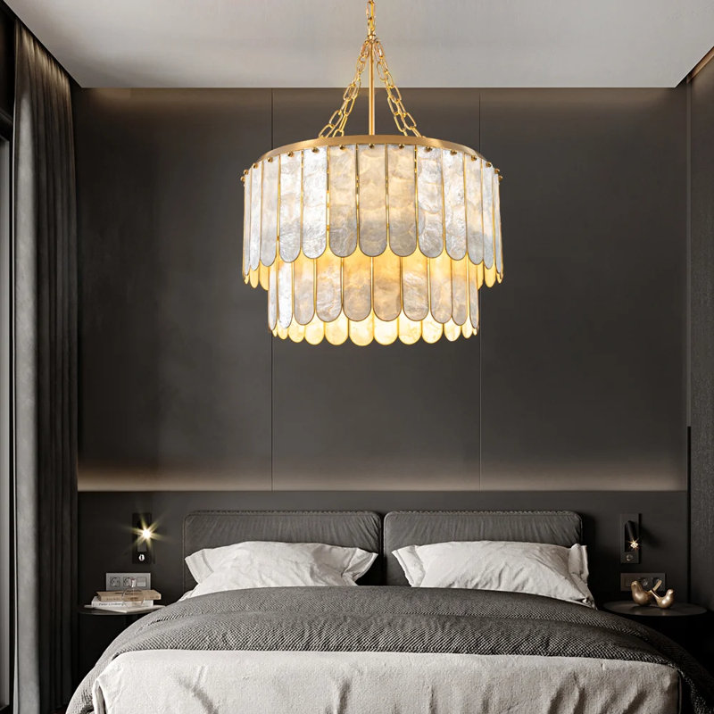 Enseo Coastal 5-Light Capiz Shell 2-Tiered Chandelier Pendant Light Gold White Unique Statement Design Gold Iron Frame Adjustable Chain Sloped Ceiling Compatible E26 Bulb Base Multiple Directions Light Fit Living Room Kitchen Bedroom Hallway