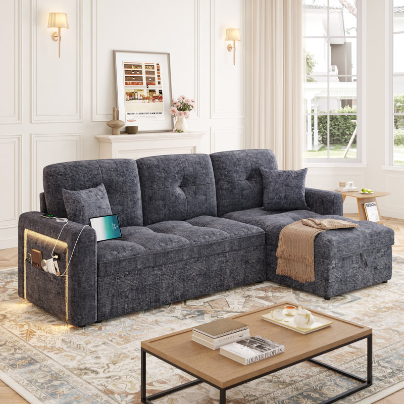 80" L-Shaped Sectional Sofa Bed, Pull Out Sleeper Couch With Adjustable Backrest, Charging Station and LED Lights