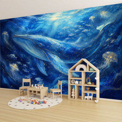 Papier peint adhésif auto-adhésif moderne pour la chambre à coucher Peel and Stick L 69 po x l 96 po avec impression de baleine bleue majestueuse sous-marine