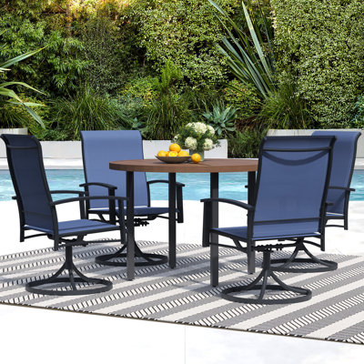 5-Piece Outdoor Dining Set For 4 – 42" Walnut Round Outdoor Table With Umbrella Hole & 4 Blue Patio Swivel Chairs, All-Weather Patio Furniture by Ebern Designs