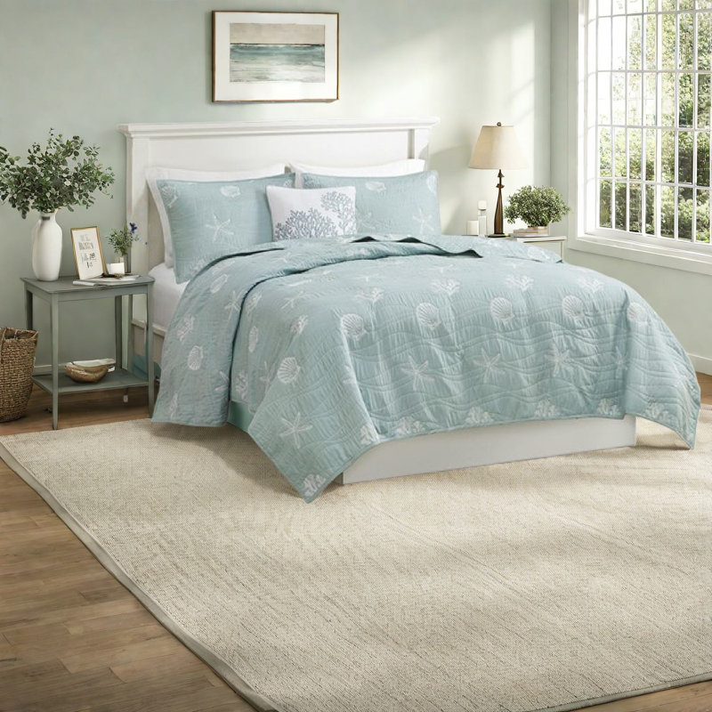 Premium Cotton Bedding Sets, Aqua Embroidered Reversible Quilt For Home